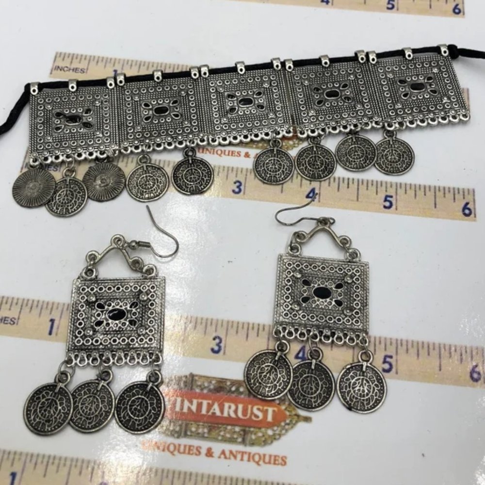 Afghan Jewelry Set With Dangling Coins, Silver Tribal Choker And Earrings Set,